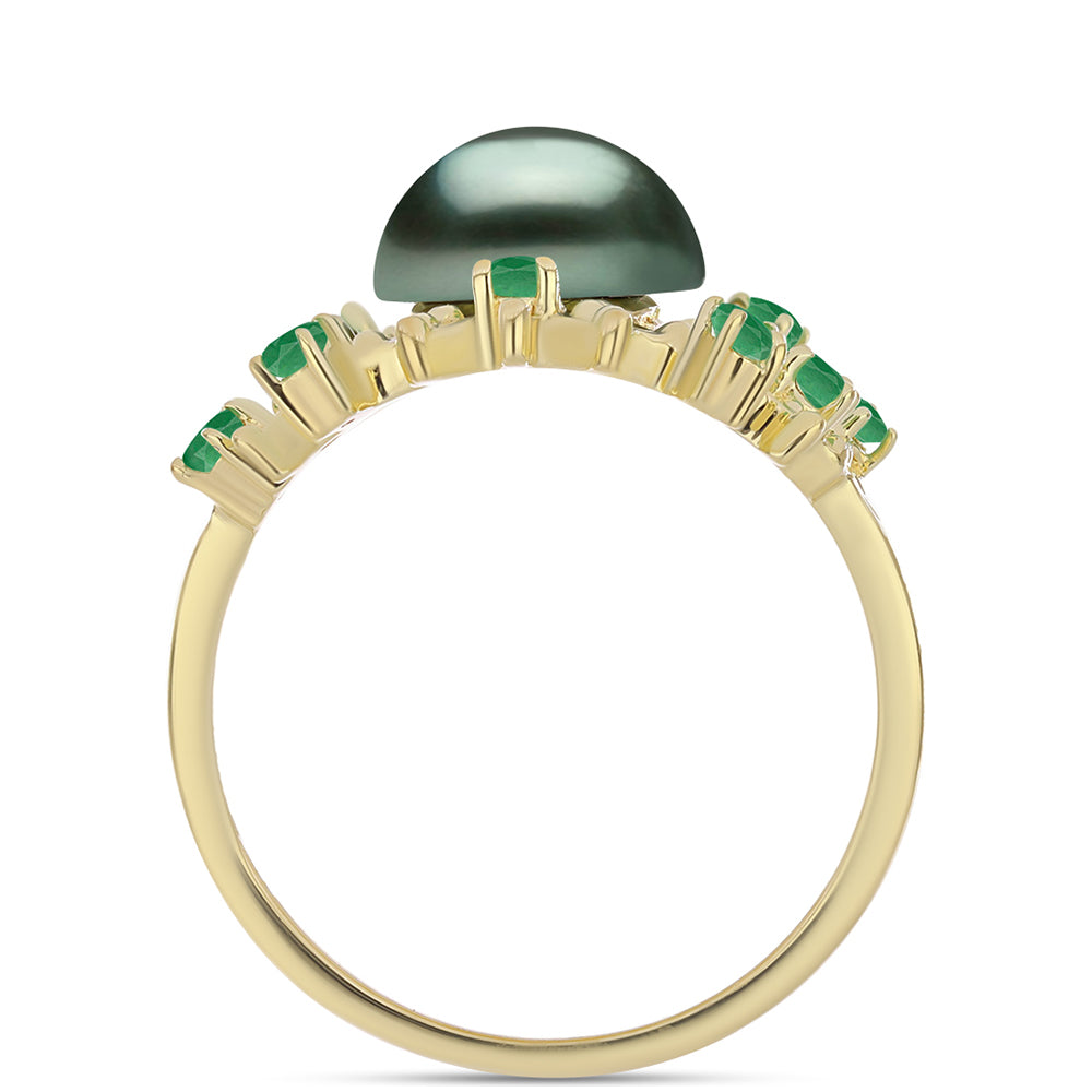 Anillo de Plata Bañada en Oro con Perla de río Tahiti verde ilusión y Esmeralda de Brasil