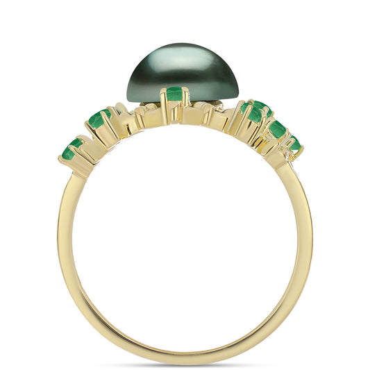 Anillo de Plata Bañada en Oro con Perla de río Tahiti verde ilusión y Esmeralda de Brasil