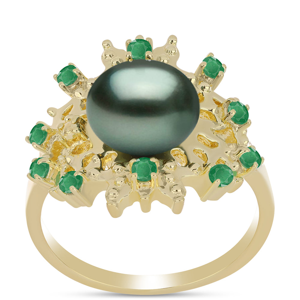 Anillo de Plata Bañada en Oro con Perla de río Tahiti verde ilusión y Esmeralda de Brasil 3 