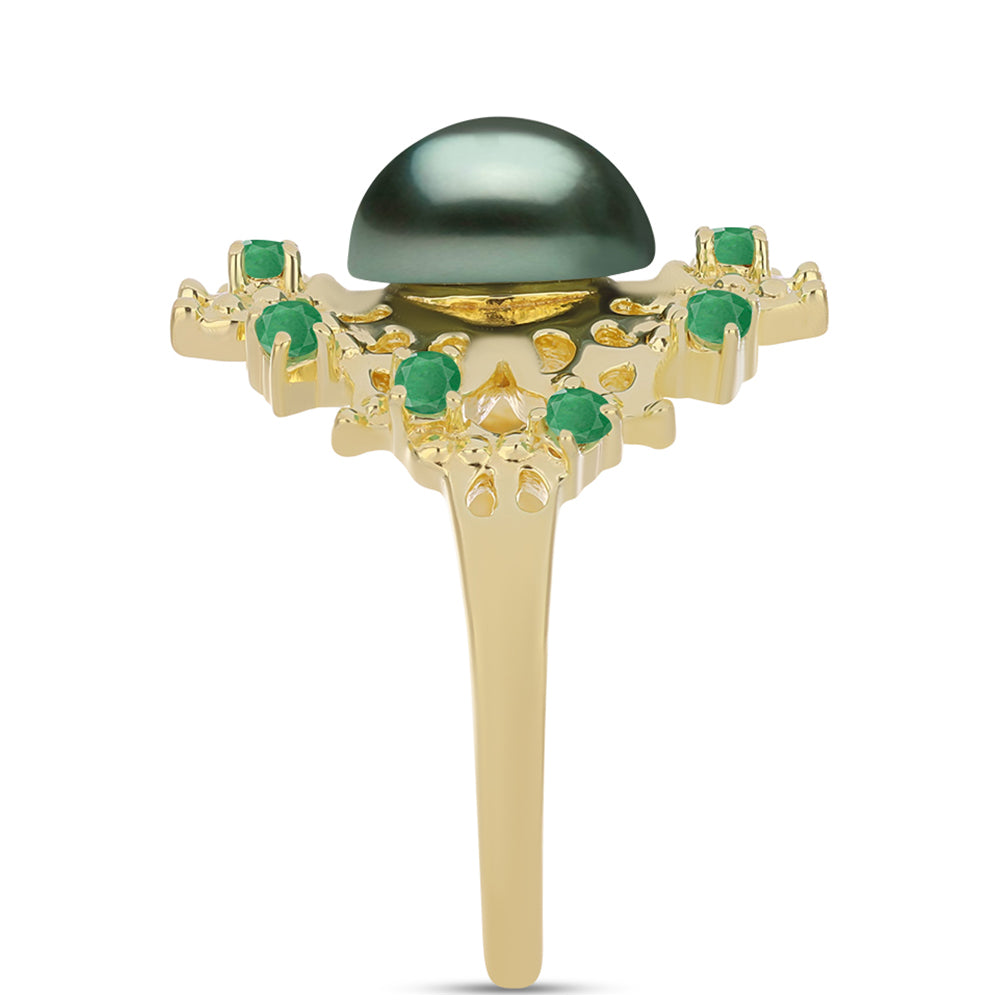 Anillo de Plata Bañada en Oro con Perla de río Tahiti verde ilusión y Esmeralda de Brasil 4 
