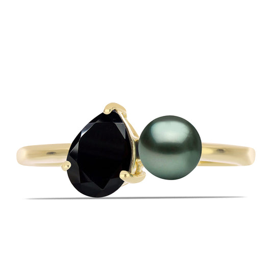 Anillo de Plata Bañada en Oro con Perla de río Tahiti verde ilusión y Espinela Negra de Badakhshan Gorno