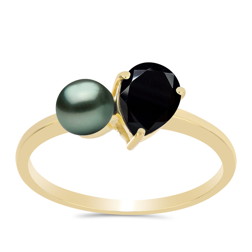 Anillo de Plata Bañada en Oro con Perla de río Tahiti verde ilusión y Espinela Negra de Badakhshan Gorno 3 