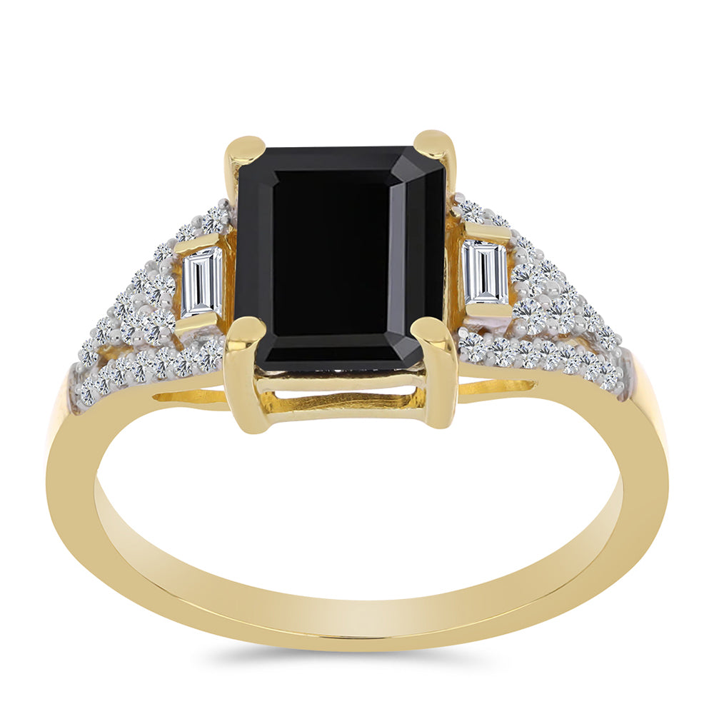 Anillo de Plata Bañada en Oro con Ónix Negro y Zircón Blanco 3 