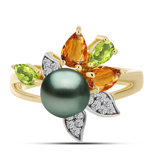 Anillo de Plata Bañada en Oro con Perla de río Tahiti verde ilusión y Citrino de los Montes Urales