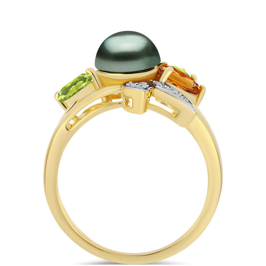 Anillo de Plata Bañada en Oro con Perla de río Tahiti verde ilusión y Citrino de los Montes Urales