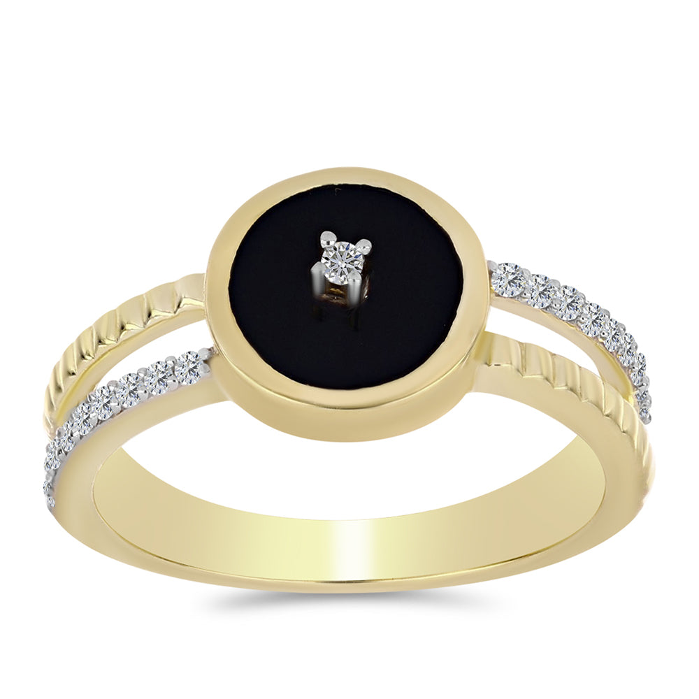 Anillo de Plata Bañada en Oro con Ónix Negro y Topacio Blanco