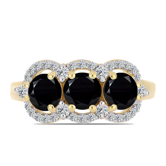 Anillo de Plata Bañada en Oro con Ónix Negro y Topacio Blanco
