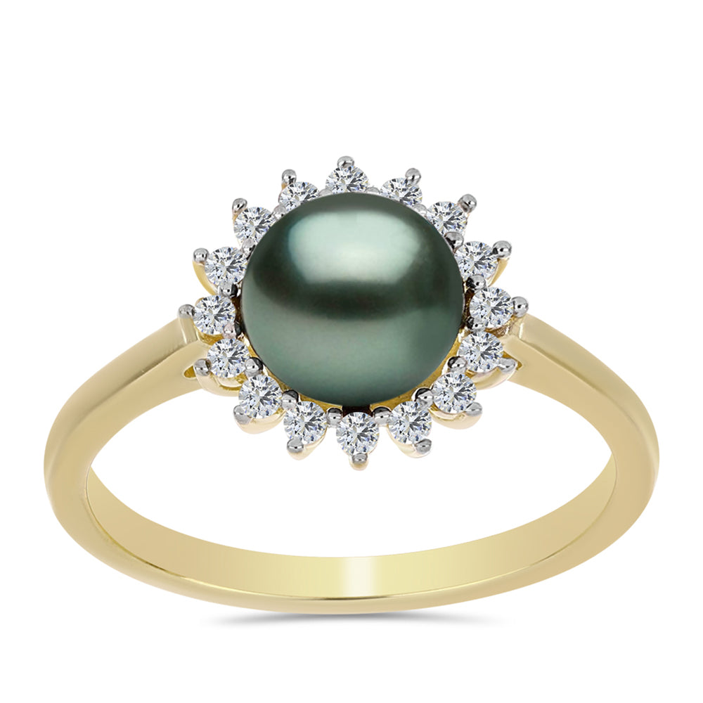 Anillo de Plata Bañada en Oro con Perla de río Tahiti verde ilusión y Topacio Blanco