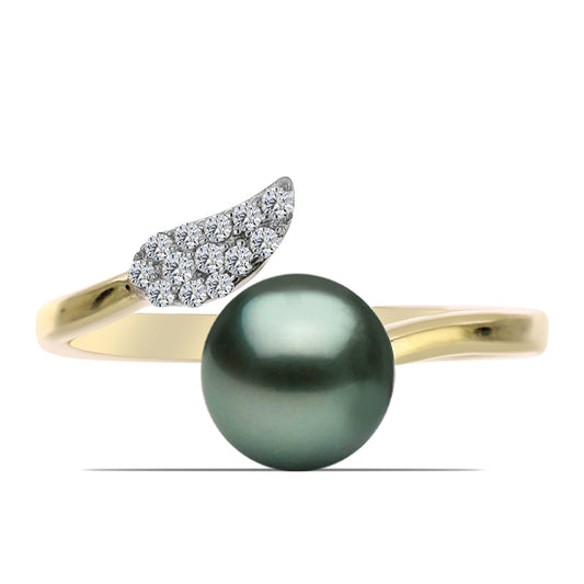 Anillo de Plata Bañada en Oro con Perla de río Tahiti verde ilusión y Topacio Blanco