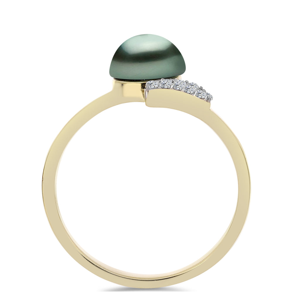Anillo de Plata Bañada en Oro con Perla de río Tahiti verde ilusión y Topacio Blanco 2 