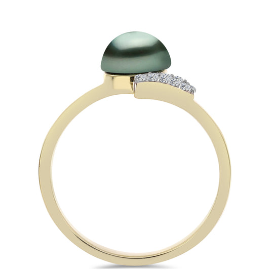 Anillo de Plata Bañada en Oro con Perla de río Tahiti verde ilusión y Topacio Blanco
