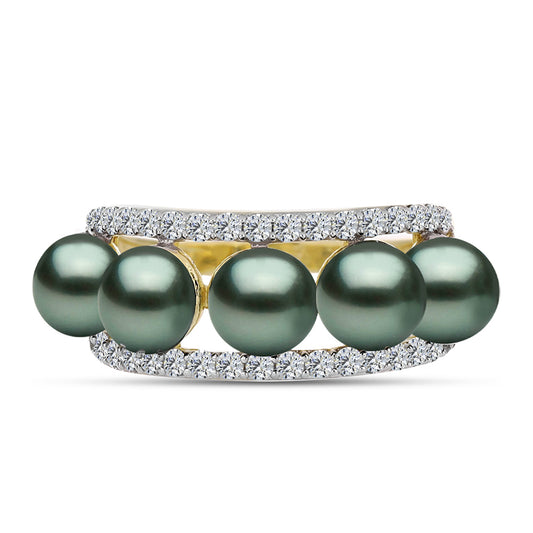 Anillo de Plata Bañada en Oro con Perla de río Tahiti verde ilusión y Topacio Blanco