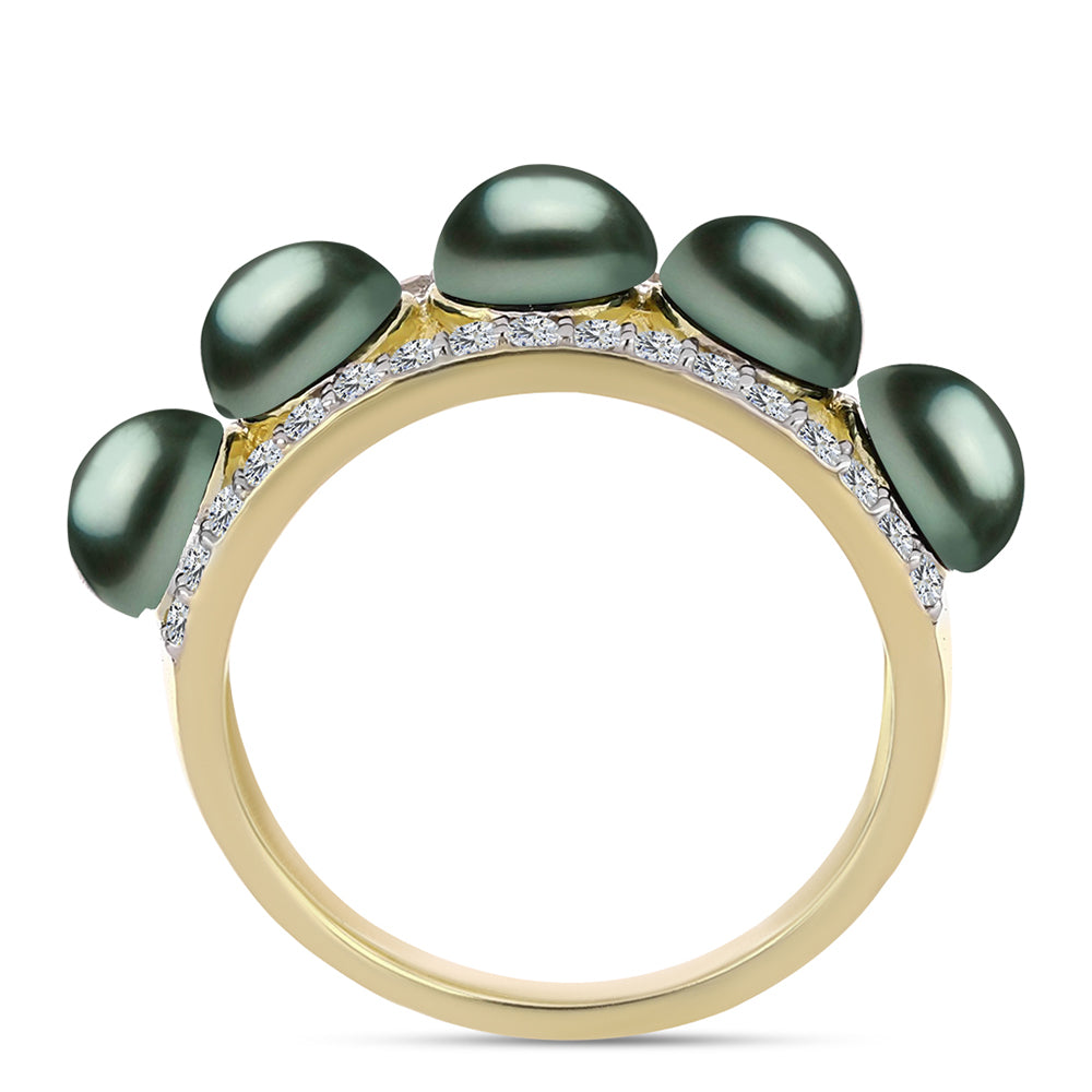 Anillo de Plata Bañada en Oro con Perla de río Tahiti verde ilusión y Topacio Blanco 2 