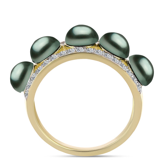 Anillo de Plata Bañada en Oro con Perla de río Tahiti verde ilusión y Topacio Blanco