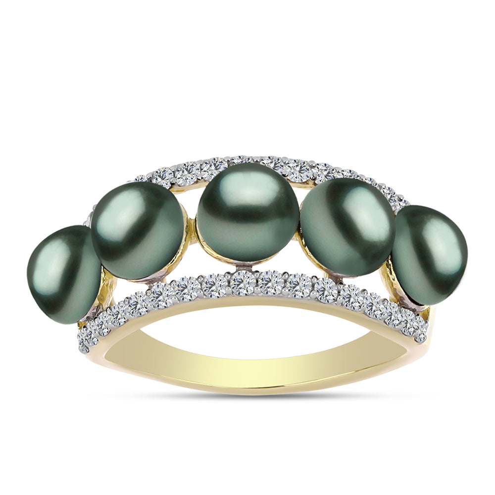 Anillo de Plata Bañada en Oro con Perla de río Tahiti verde ilusión y Topacio Blanco 3 