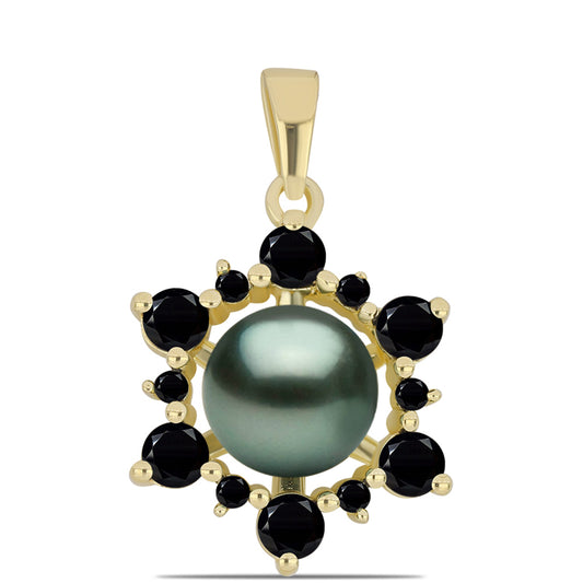 Colgante de Plata Bañada en Oro con Perla de río Tahiti verde ilusión y Espinela Negra de Badakhshan Gorno