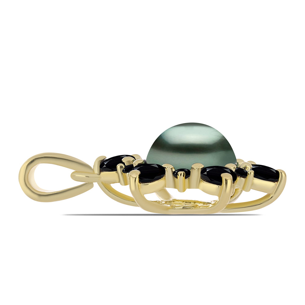 Colgante de Plata Bañada en Oro con Perla de río Tahiti verde ilusión y Espinela Negra de Badakhshan Gorno 2 