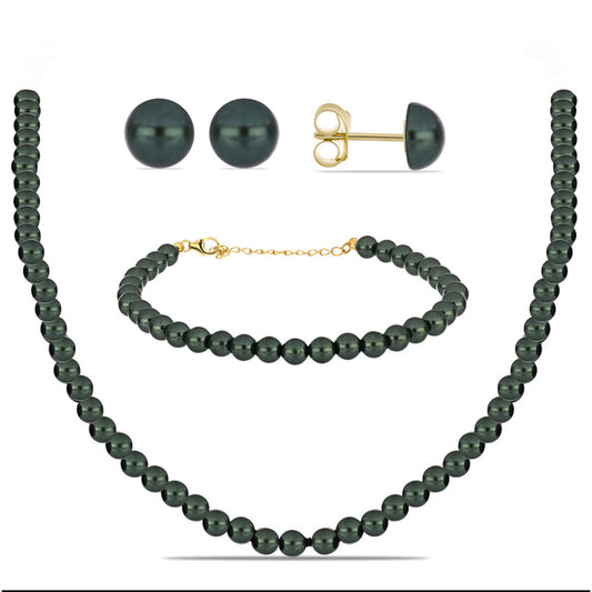 Conjunto de Plata Bañada en Oro con Perla de río Tahiti verde ilusión ( Collar +Pendientes +Pulsera )