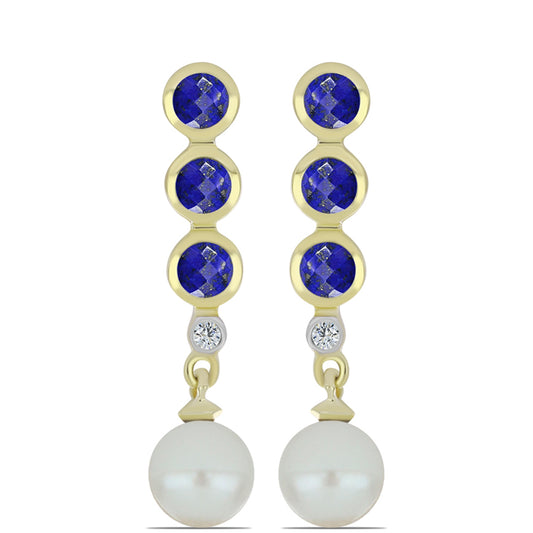 Pendientes de Plata Bañada en Oro con Lapislázuli y Perla de Agua Dulce