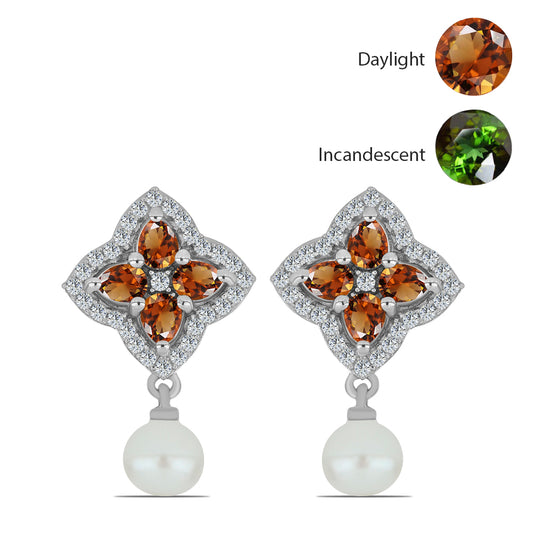 Pendientes de Plata con Zultanita de Anatolia certificado y cultivado en laboratorio y Perla de Agua Dulce