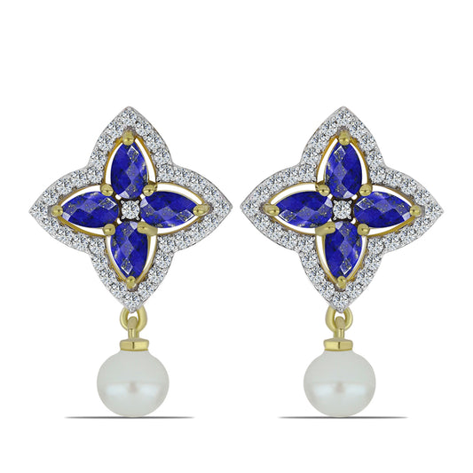 Pendientes de Plata Bañada en Oro con Lapislázuli y Perla de Agua Dulce