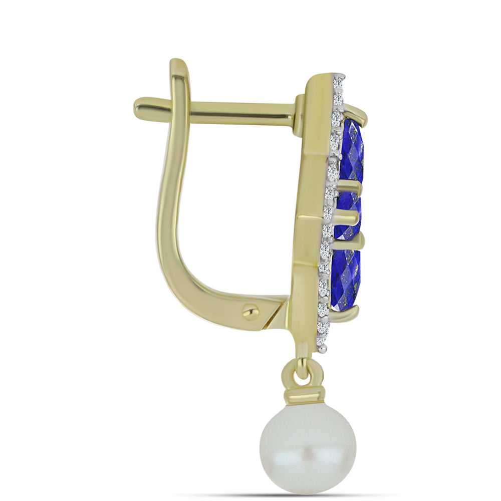 Pendientes de Plata Bañada en Oro con Lapislázuli y Perla de Agua Dulce 2 
