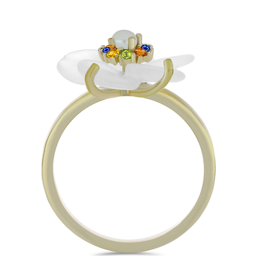 Anillo de Plata Bañada en Oro con Zafiro Arco Iris y Perla de Agua Dulce 2 