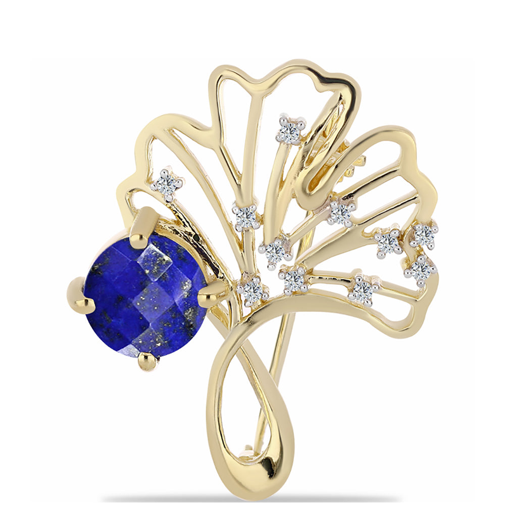 Broche de Plata Bañada en Oro con Lapislázuli y Topacio Blanco