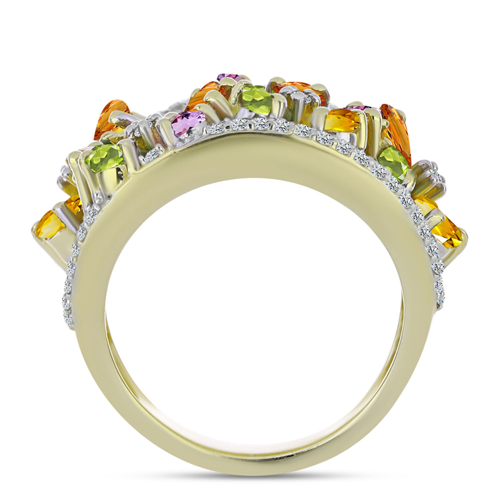 Anillo de Plata Bañada en Oro con Zafiro Arco Iris y Topacio Blanco 3 
