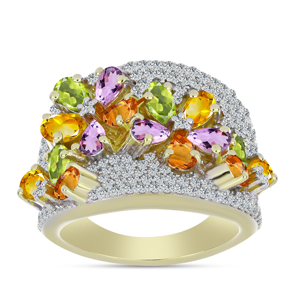 Anillo de Plata Bañada en Oro con Zafiro Arco Iris y Topacio Blanco 1 