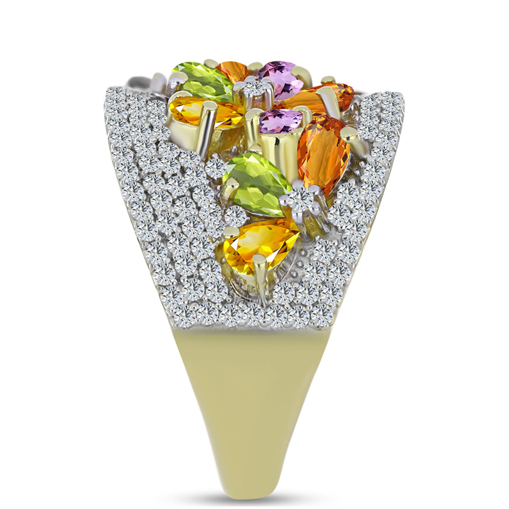 Anillo de Plata Bañada en Oro con Zafiro Arco Iris y Topacio Blanco 4 