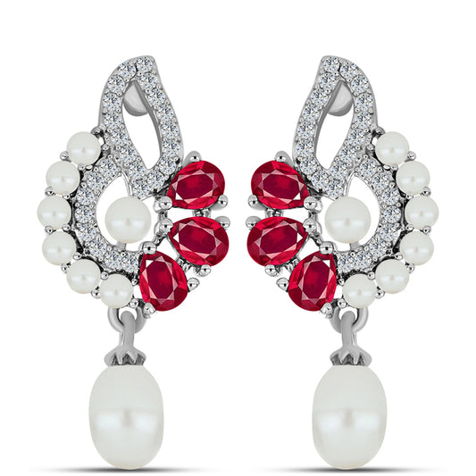 Pendientes de Plata con Rubí de Madagascar y Perla blanca de agua dulce