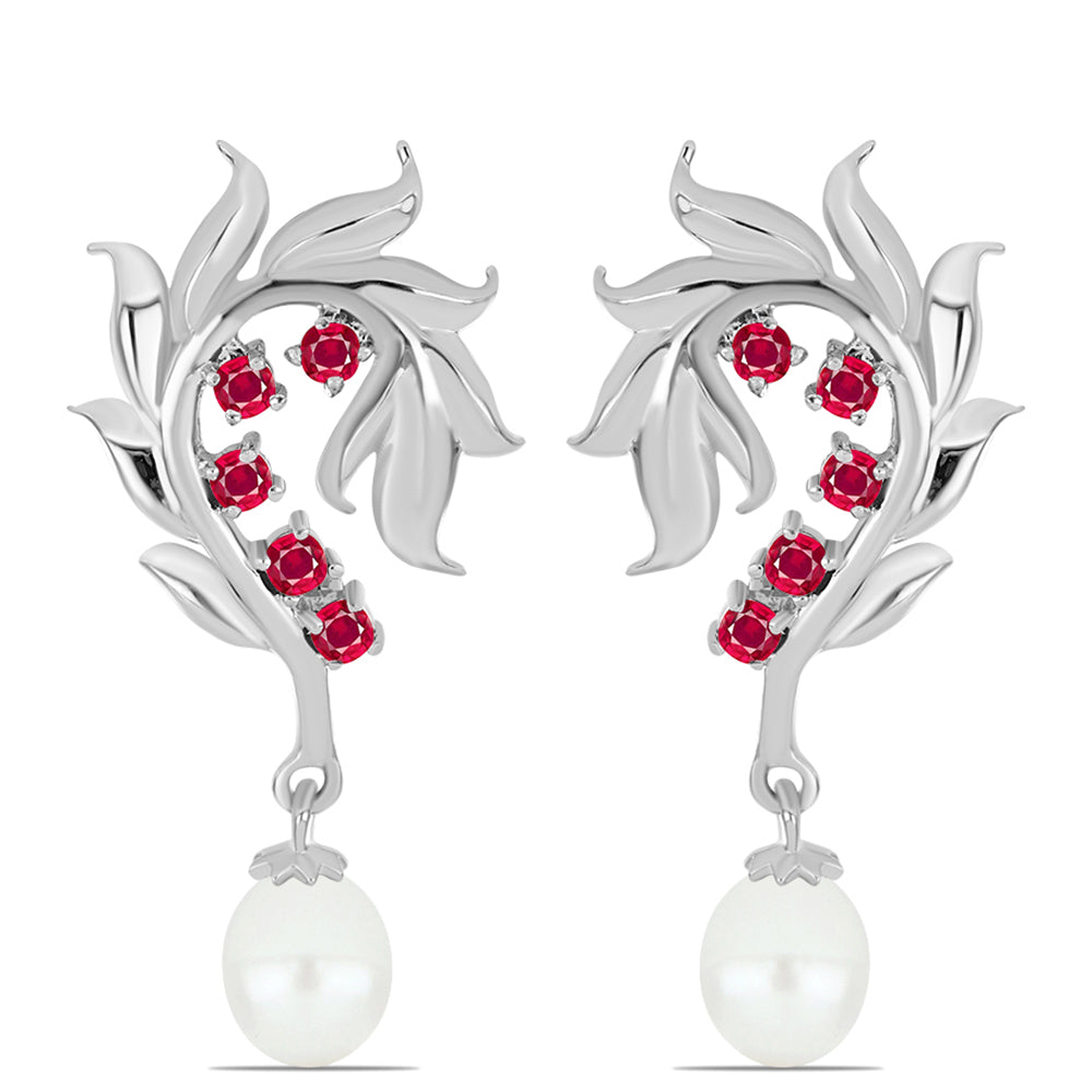 Pendientes de Plata con Rubí de Madagascar y Perla blanca de agua dulce 1 