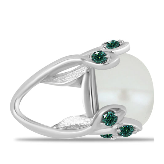 Colgante de Plata con Moissanita azul mar verdosa y Perla blanca de agua dulce