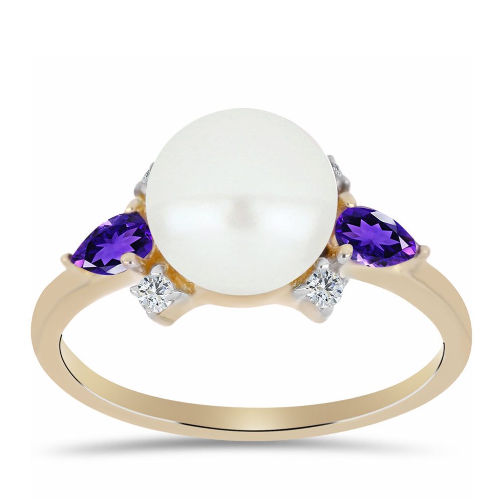 Anillo de Plata Bañada en Oro con Amatista de Marruecos y Perla blanca de agua dulce 3 