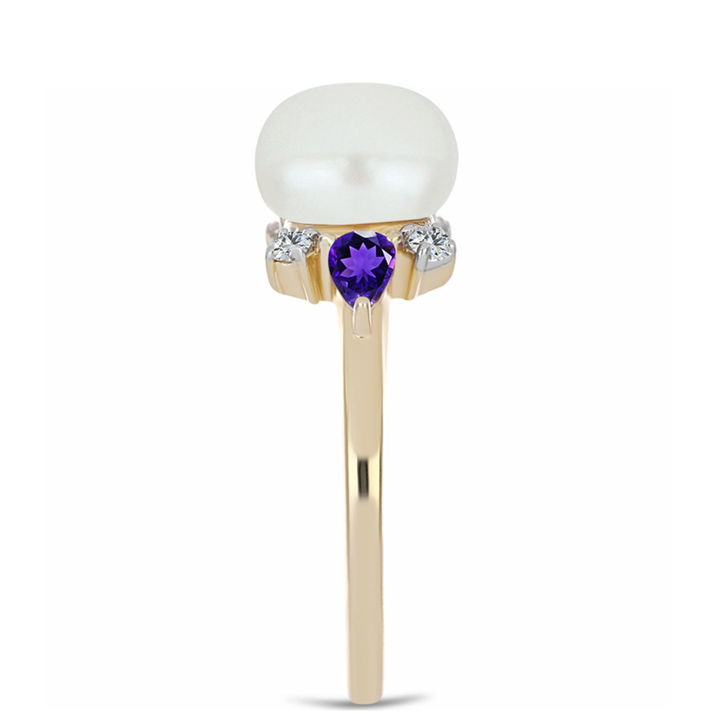 Anillo de Plata Bañada en Oro con Amatista de Marruecos y Perla blanca de agua dulce 4 