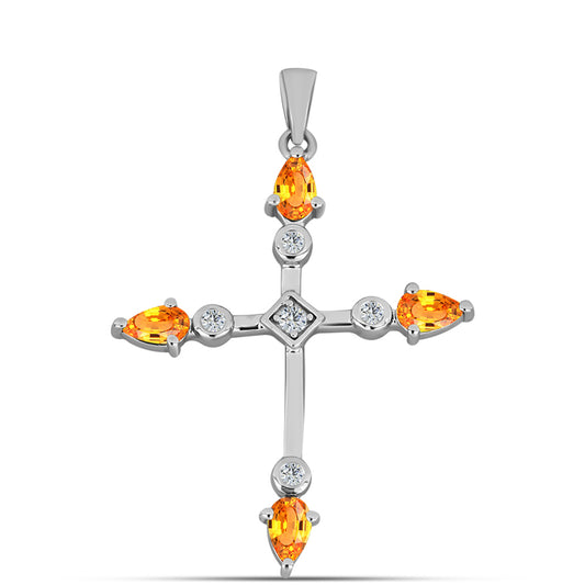 Cruz Colgante de Plata con Zafiro Padparadscha y Topacio Blanco