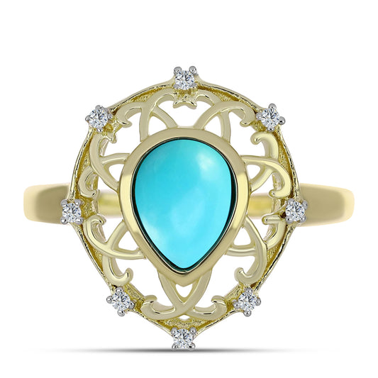 Anillo de Plata Bañada en Oro con Turquesa Bella Durmiente y Topacio Blanco