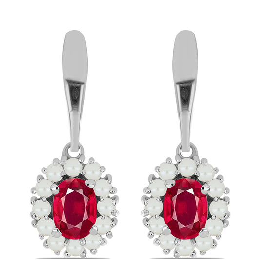Pendientes de Plata con Rubí de Madagascar y Perla blanca de agua dulce