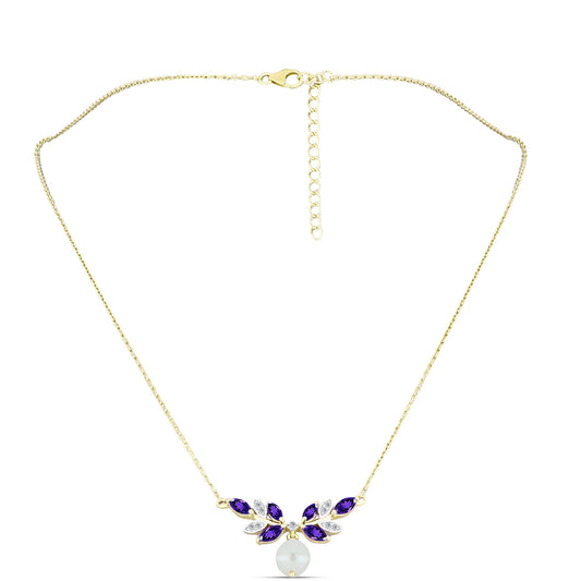 Collar de Plata Bañada en Oro con Amatista de Marruecos y Perla blanca de agua dulce