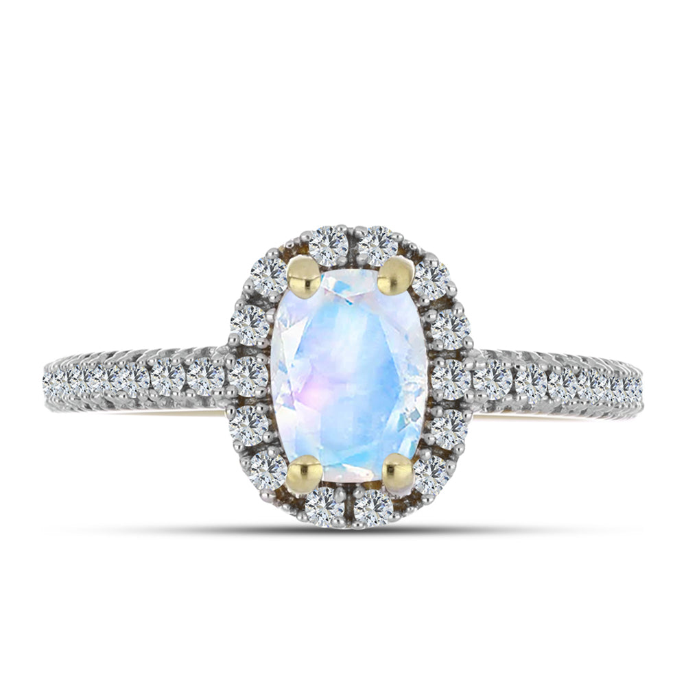 Anillo de Plata Bañada en Oro con Piedra Lunar Arco Iris y Topacio Blanco