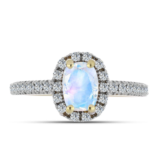 Anillo de Plata Bañada en Oro con Piedra Lunar Arco Iris y Topacio Blanco