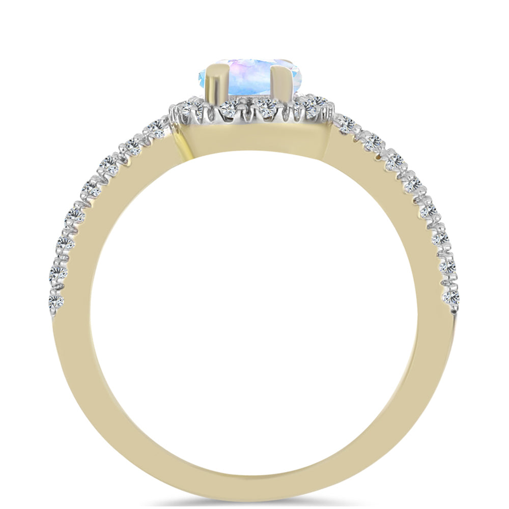 Anillo de Plata Bañada en Oro con Piedra Lunar Arco Iris y Topacio Blanco 2 