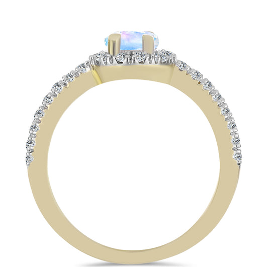 Anillo de Plata Bañada en Oro con Piedra Lunar Arco Iris y Topacio Blanco