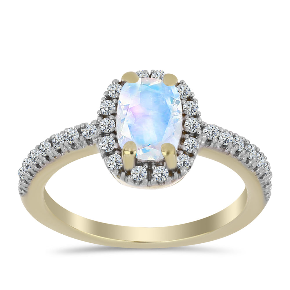 Anillo de Plata Bañada en Oro con Piedra Lunar Arco Iris y Topacio Blanco