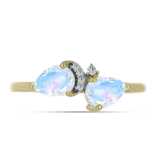 Anillo de Plata Bañada en Oro con Piedra Lunar Arco Iris y Topacio Blanco