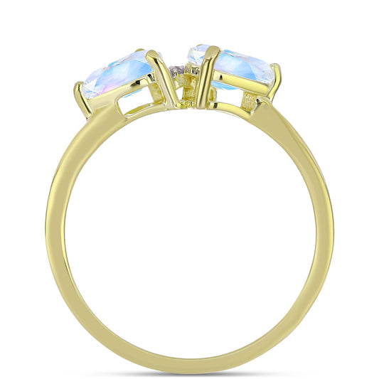Anillo de Plata Bañada en Oro con Piedra Lunar Arco Iris y Topacio Blanco