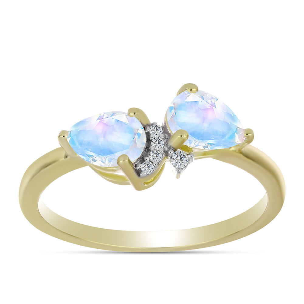 Anillo de Plata Bañada en Oro con Piedra Lunar Arco Iris y Topacio Blanco
