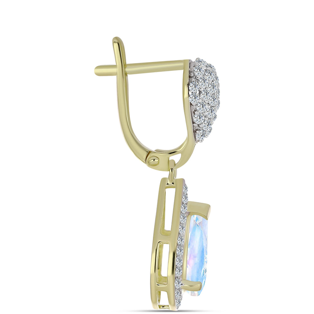 Pendientes de Plata Bañada en Oro con Piedra Lunar Arco Iris y Topacio Blanco 2 