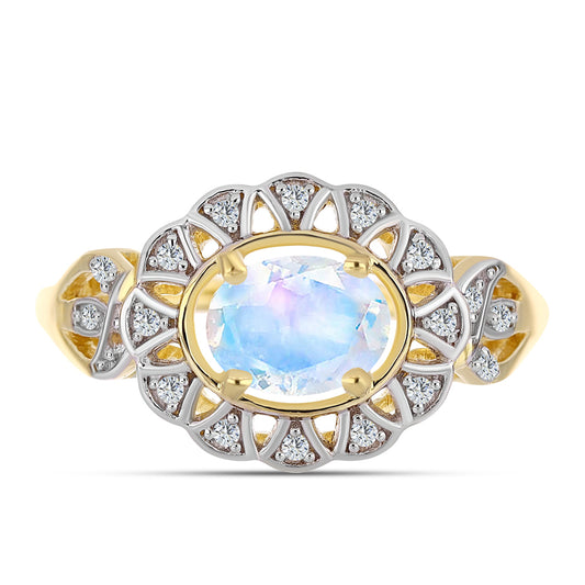 Anillo de Plata Bañada en Oro con Piedra Lunar Arco Iris y Topacio Blanco